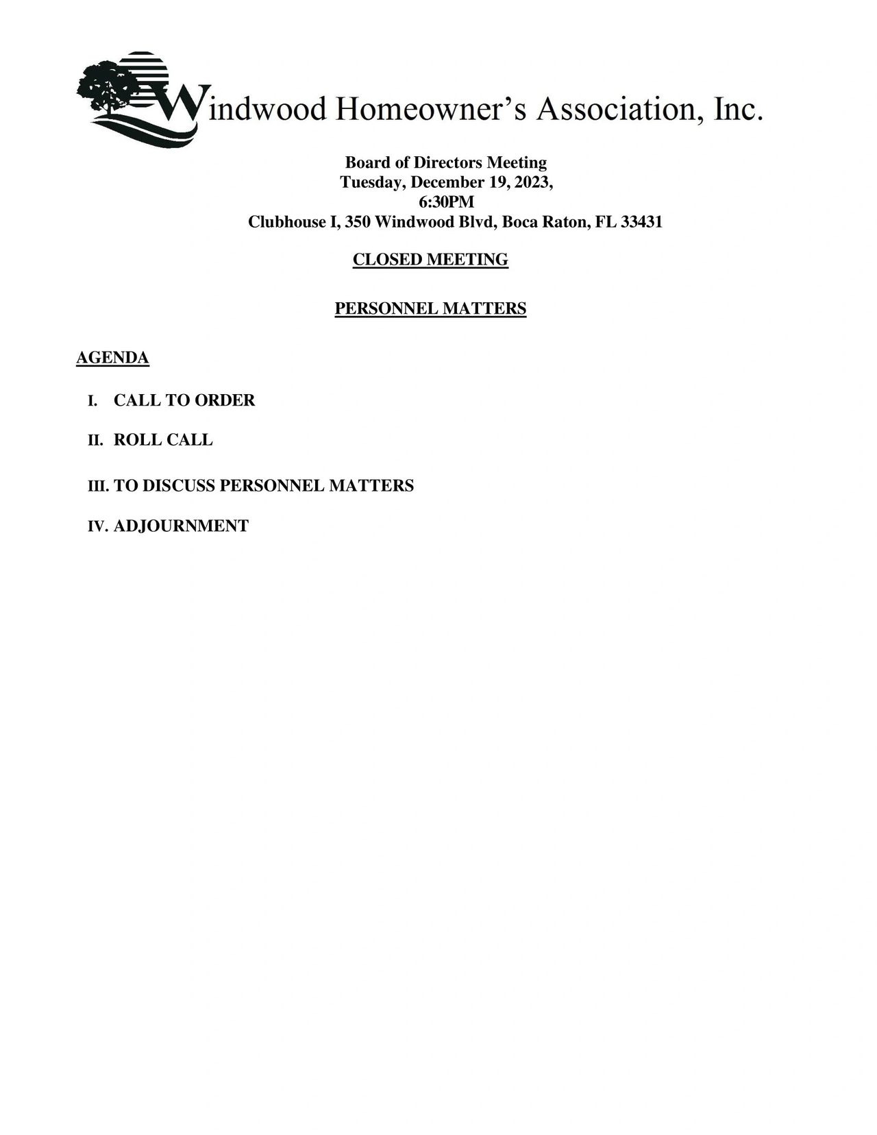 Closed Board Meeting Agenda 12 19 2023